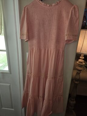 Soft Pink / Peach Tiered Midi Dress with Lace Trim